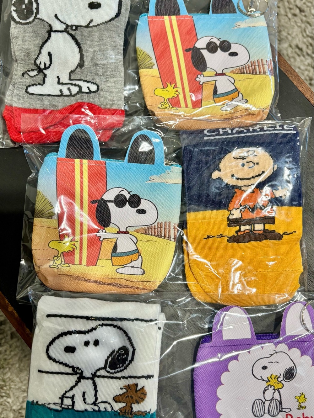 3 sets- Peanuts Snoopy & Charlie Brown Novelty Socks and coin purse.